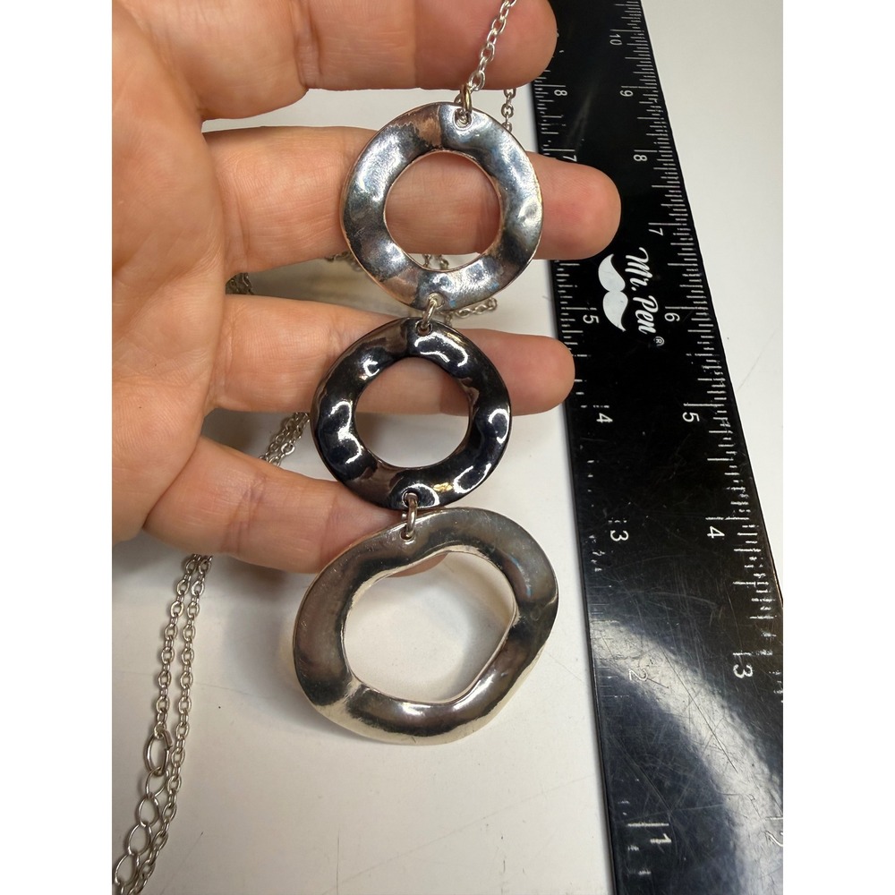 Silver Tone Hammered Graduated Triple Ring Statement Necklace Adjustable Chain